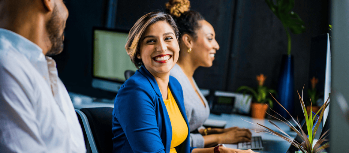 Woman smiles after seeing video for health benefits